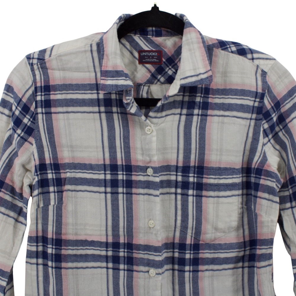 UNTUCKit Button Down Womens 2 White Plaid Pink Navy Cotton Tencel Long Sleeve